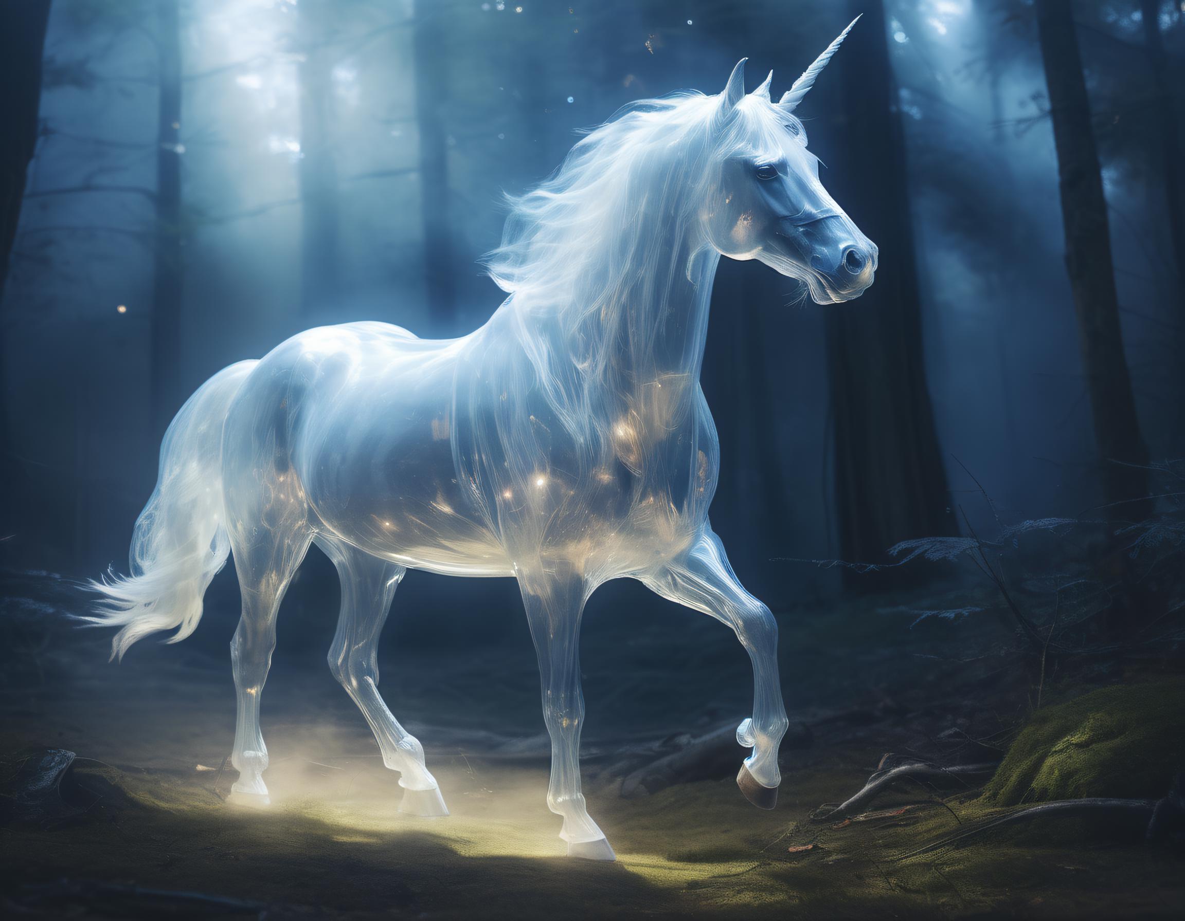 A White Unicorn with a Sparkly Body in a Forest