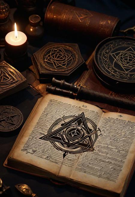 close-up photo of a 
Fictional Supernatural Detective: Witch Hunter
Occult symbols, arcane artifacts, witch hunter's kit, dark magic banishment, paranormal investigator, enchanted weaponry, supernatural threats, cursed artifacts, mystical wards, arcane rituals, occult knowledge, witchcraft purge, shadowy underworld, demon slayer, ancient grimoire, mystical protector.
cinematic, sharp focus, intricate, cinematic, dramatic light