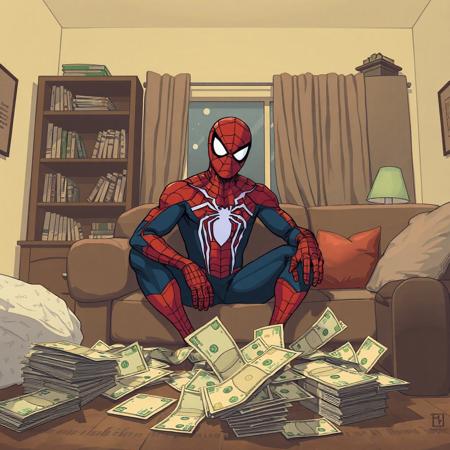 in a apartment spiderman worried sitting looking at several overdue bills