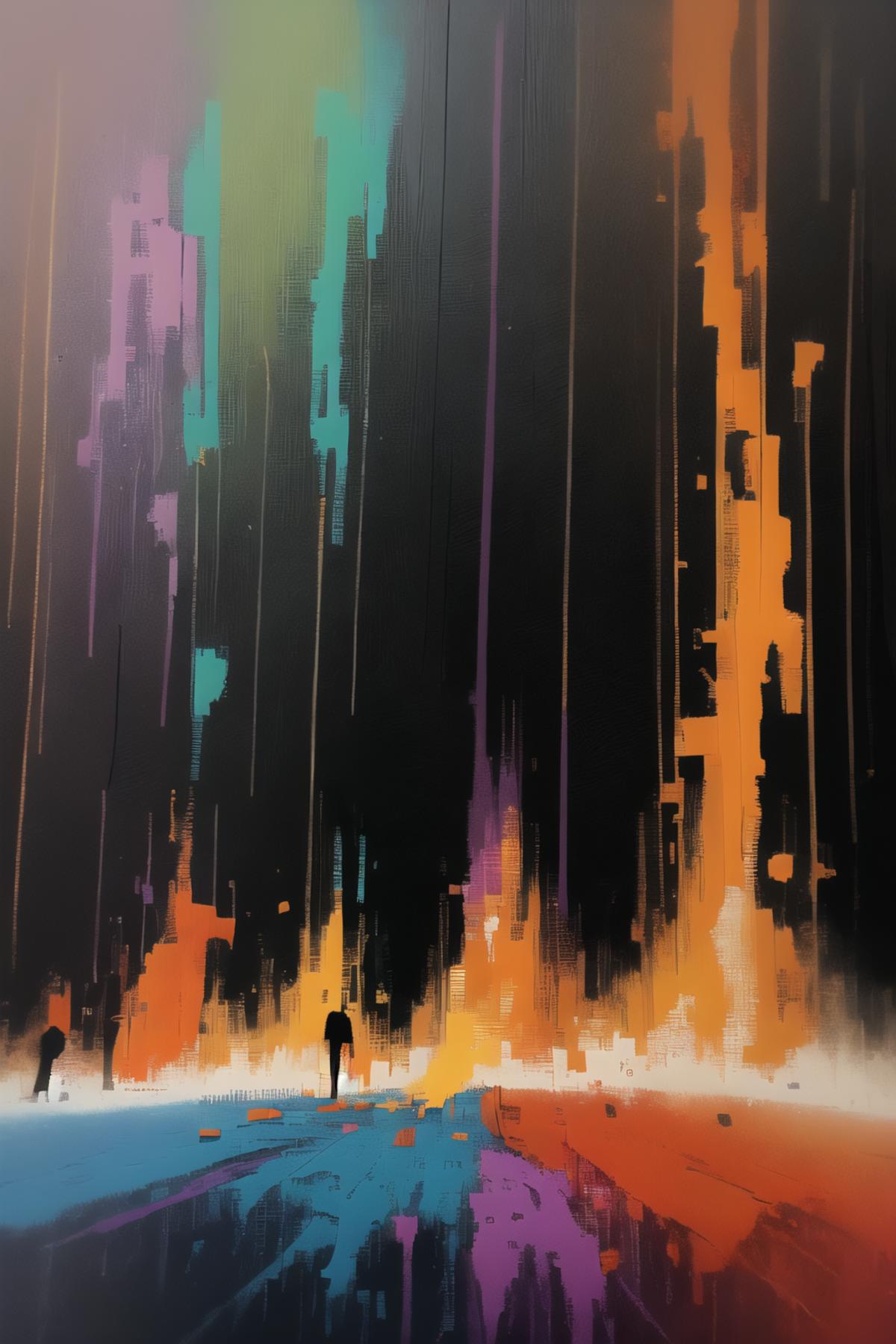 A painting of a group of people walking in a dark and colorful environment.
