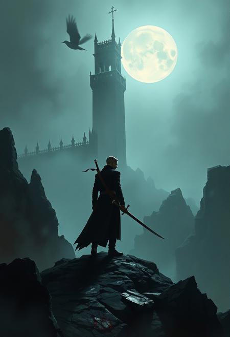 lone hero, gothic tower, full moon, dark fantasy, dramatic lighting, misty atmosphere, stylized character design, long coat, curved sword, rocky terrain, epic scale, cinematic perspective, eerie ambiance, fantasy architecture, brooding mood, surreal stillness meets expressive atmosphere, precise and motionless figures in dramatic textured landscapes, dreamlike lighting with brooding stormy brushstrokes, muted yet moody color palette, architectural clarity dissolving into painterly abstraction