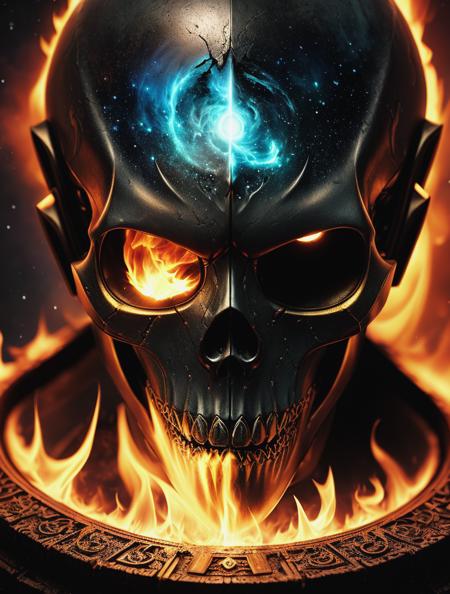 ultra detailed artistic photography, midnight aura, night sky, nebula, detailed evil demon skull on fire, glowing, backlit, glamour, glimmer, shadows, oil on canvas, brush strokes, smooth, ultra high definition, 8k, unreal engine 5, ultra sharp focus, art by alberto seveso, artgerm, loish, sf, intricate artwork masterpiece, ominous, matte painting movie poster, golden ratio, trending on cgsociety, intricate, epic, trending on artstation, by artgerm, h. r. giger and beksinski, highly detailed, vibrant, production cinematic character render, ultra high quality model