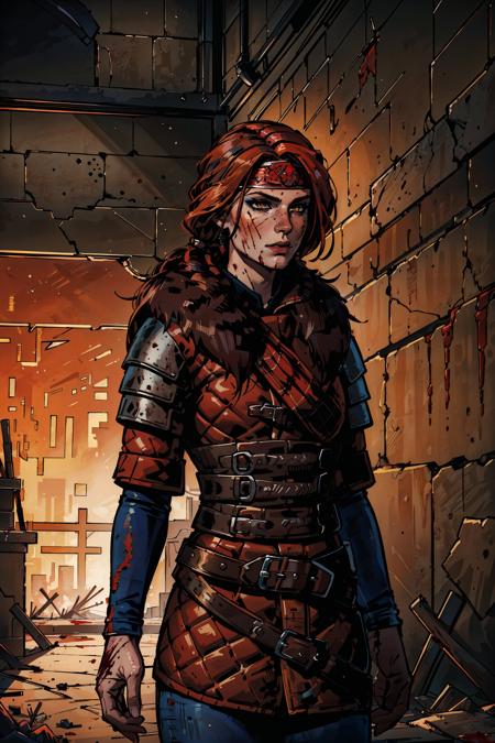 (masterpiece, top quality, best quality, official art, detailed:1.2), <lora:cerys:0.7>, cerysW3, 1girl, solo, long hair, looking away, brown eyes, red hair, blood, headband, blood on face, scar on face, cowboy shot, indoors