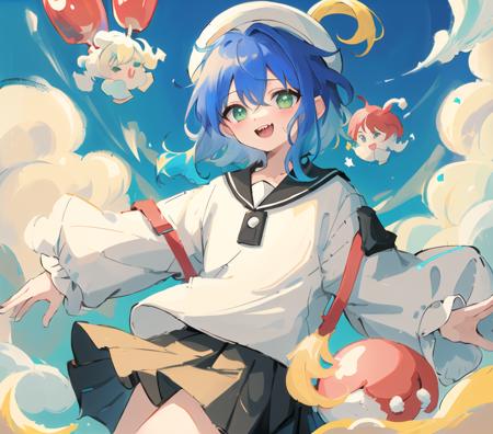 (masterpiece, best quality:1.5), illustration, (extream detailed), (one boy:1.2),(fusion of boy and colorful marshmallow:1.4) (Floating above the clouds:1.4),many ginant colorful marshmallows, two-tone  hair,(blue hair:1.2),blonde hair,short hair,side locks, medium locks,green eyes, white (fluffy:1.6) dress, intense white, open mouth, sharp teeth,(laugh, happy:1.3), background is clouds Mare Nubium, make merry, fullbody, white marshmallow hat, intense blue, far away light, white wings, (many colorful cotton candy),(solo:1.3),black skirt,pleats skirt, sts boy