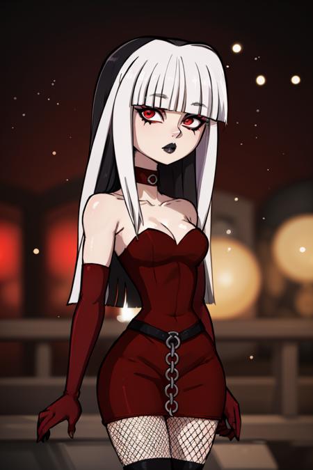 Crimson_Total_Drama, goth, blunt bangs, long hair, red eyes, makeup, fishnets, knee boots, red dress, elbow gloves