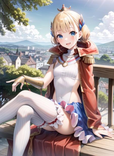 1girl,masterclass,best quality, outdoors, city,smile, pendant watch,   blue_skirt, blunt_bangs, epaulettes, red_cape, striped_leotard,  tutu, vertical-striped_thighhighs, single_gauntlet,  two_sided_cape,  LeTriomphantDefault , from_above,sitting, crossed legs,   <lora:LeTrionphant_e6:1>