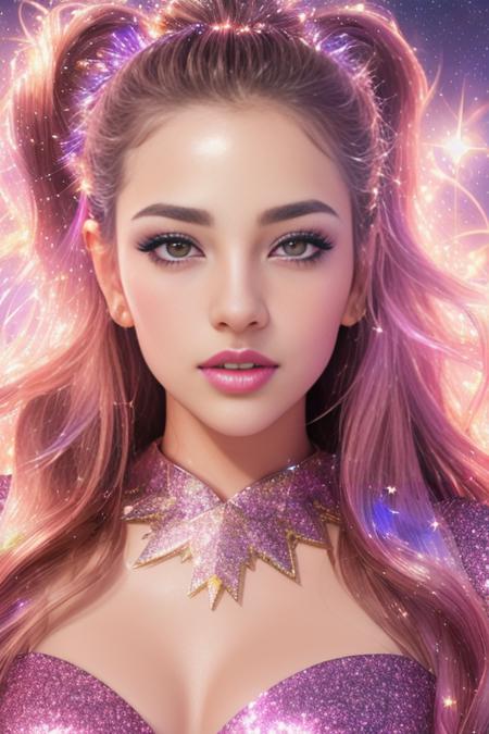 wide angle,(parted lips) , MissAlice, ((magical woman)), ((gorgeous starry sky background)),((cinematic lighting)), dynamic angle, floating, finely detailed, (glitter:1.2), (sparkle:1.2), (shine:1.2), classic,(solo), beautiful detailed face, (cute face:1.3), colorful hair, (long hair:1.2), (floating hair:1.2), (magical outfit), detailed outfit, (sparkling wand:1.3), (magical effects:1.3), (flowing skirt:1.2), (cute boots:1.1), (transparent fabric:1.1), (twinkle:1.2), (glow:1.2), (radiance:1.2), (flicker:1.2), (dazzle:1.2),(Oil highlights),[wet with oil:0.3],reflection,symmetrical,,
looking away, photo referenced,best quality, ultra high res, (photorealistic:1.4),  (detailed face and eyes),<lora:MissAlice:1.0>