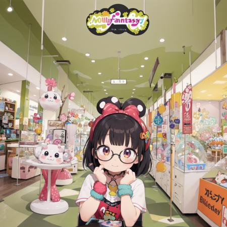 best quality, ultra-detailed, illustration,
1girl,solo, black hair, medium hair, glasses, 
idol style, cute clothing, bright colors, playful patterns, ruffled skirts, knee-high socks, kawaii accessories, youthful designs,
MollyFantasy, scenery, shop, poster (object), chair, indoors, 
 <lora:MollyFantasy_SD15_V1:0.8>