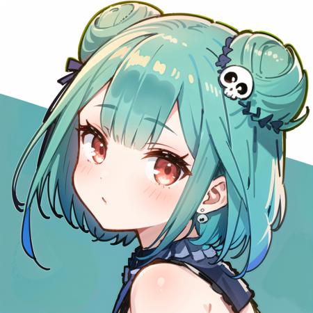 <lora:testbluerushia:1>,  bluerushia, green hair, double bun, red eyes, short hair, blue bow, skull hair ornament,