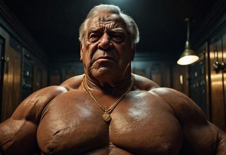 (photo, realistic, raw), (nighttime, at night, dark, dark hard shadows, cinematic atmosphere, movie grain, hazey atmosphere), closeup from below, ( dumb brute, etherial, spiritual, emperor, king, god), old burly buff gentleman, old manly mature man, combed back hair,  doublechin, old tanned grandpa, wrinkly neck, proud big chest, thick neck, armpits, tanned skin, tight golden spandex, gold jewellery, gold necklace, in a dark locker room at night, nighttime, arrogant disgusted disappointed smile, intimite situation, romantic atmosphere, stern, serious, angry, sad expression,