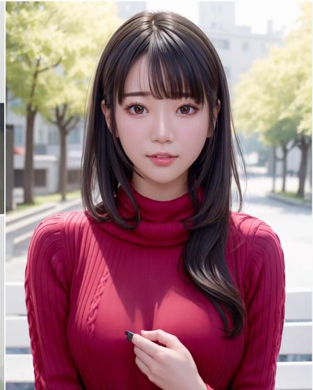 pureerosface_v1:0.3, best quality, photorealistic, 8k, high res, full color, 1girl, woman, 20 years old woman, (skindentation), (portrait:0.6), trees, park bench, daylight, ((park background:1.52)), full color, ((necksweater:1.68)), straight-looking at viewer:1.8, (1girl eyes looking at viewer:1.55), (medium-length hair, blackhair, partedhair:1.45), (bokeh), <lora:AAV-saika2:0.7>