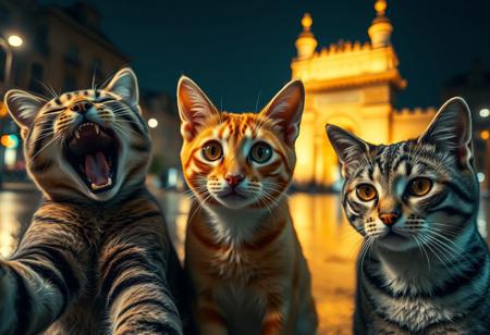 detailxl Photograph Taken on Nikon D750, Alphonse Mucha, 8K, athletic figure, Hyperdetailed, hyperrealism, Attractive,
A dimly lit, rainy street at night, with soft streetlights A captivating close-up selfie of three domestic felines, taken at night with a prominent, warmly lit, iconic architectural structure in the soft-focus background. The cat on the left is a tabby, captured mid-laugh or enthusiastic meow, with its mouth wide open, conveying pure joy. The central cat, an orange tabby, looks directly at the viewer with wide, curious eyes and a slightly surprised or bewildered expression, its face perfectly framed. The cat on the right, a grey and white tabby, has a more serene and contemplative look, gazing calmly. The foreground is well-lit, highlighting the intricate fur details and distinct expressions of each cat. The background glow creates a beautiful bokeh effect, emphasizing the golden illumination of the distant landmark. The overall mood is whimsical and endearing, suggesting a playful and memorable moment shared by these furry companions."  A soft, fading spark in the background symbolizes the lost hope and emotions fading away. The overall color palette should be cool tones, with shades of blue, gray, and a touch of warm amber from the streetlights.