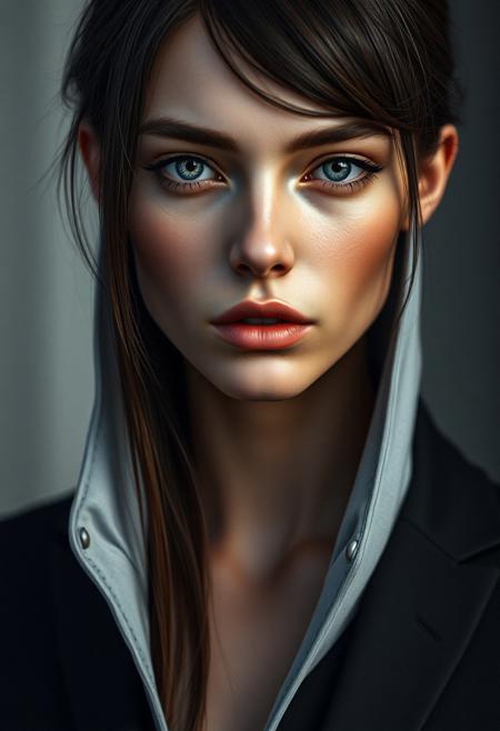 Crea una imagen hiper realista foto, Create a hyper-realistic character with androgynous features, seamlessly blending masculine and feminine traits. The subject has a captivating, magnetic gaze that feels deep and enveloping, as if drawing the viewer inward. Their eyes reflect mystery and intelligence. The expression is calm but powerful, evoking emotional depth and quiet confidence. The lighting is cinematic, with soft shadows accentuating bone structure and skin texture. The background is minimalistic, ensuring all focus remains on the character’s presence. Clothing is modern and gender-neutral, tailored to enhance the elegance of their silhouette. The overall tone is ethereal yet grounded, like a timeless soul captured in a single frame.
