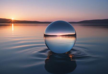 An infinite, calm water surface stretches across the scene, reflecting the soft pastel hues of a serene sunset. Above the water floats a perfectly round, transparent glass sphere, glistening faintly with refracted light, its surface shimmering with refracted light that captures faint glimmers of distant stars and the silhouettes of serene trees. Surrounding the sphere are delicate ripples in the water, creating a mesmerizing interplay of motion and stillness. Distant mountains fade into the misty horizon, adding depth and tranquility. The sphere's transparency captures hints of the sky and surroundings, merging the ethereal with the natural in a harmonious, surreal atmosphere.