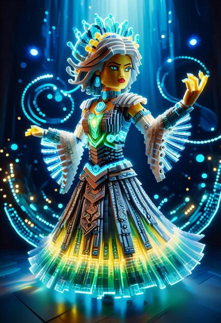 A mesmerizing 3D-rendered female character in a dancing pose made of Legos, her skirt made of ethereal glowing fabric that sways with her movements,The design features intricate, bioluminescent embroidery and layered digital effects. Her top includes elegant armor plates with neon lines. The futuristic background glows with dazzling lights. vibrant, photograph, picture, high quality, detailed, realistic