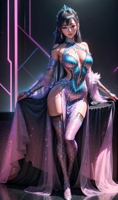 nightclub, bar, full-body portrait, stunningly beautiful South Korean girl, (long dress, thigh-high stockings:1.2), braided crown, festival_outfit, tan skin, Cool Gray Neon Pink, masterpiece, highest details, 8k, UHD, HDR, intricate, indoors, iridescent, colored lights, volumetric lighting, dynamic posture, <lyco:dresses_v4:1>, perfect hands, perfect eyes