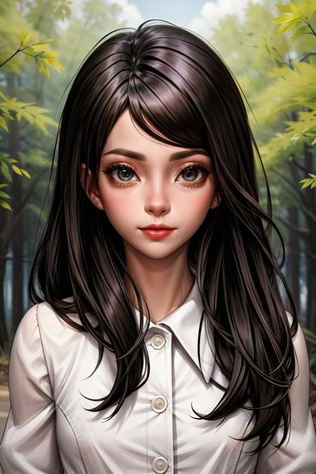 a cute girl, black hairs, forest, river, (best quality:1.1), (masterpiece:1.2), high quality shadow, beautiful detailed, (high detailed skin, skin details),(wide_landscape,8k), beautiful face, detailed eyes, depth of field, dramatic light, best quality, highres, best shadow, best illumination, <lora:add_detail:1>, <lora:PolinaTinyBunny:0.5>