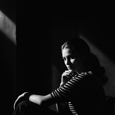 cinematic film still of  <lora:Rembrandt Lighting Style:1>
dramatic, cinematic, shadow, partially covered in shadow, a woman sitting on a stool with her hand on her chin Rembrandt Lighting Style, 1girl, solo, looking at viewer, sitting, monochrome, greyscale, striped, cigarette, realistic, shallow depth of field, vignette, highly detailed, high budget, bokeh, cinemascope, moody, epic, gorgeous, film grain, grainy