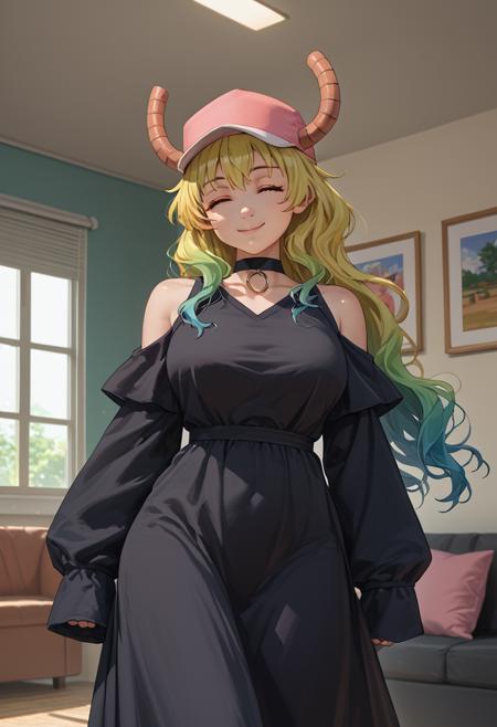 mkdmluc0a, dragon horns, heterochromia, green eyes, blue eyes, large breasts pink headwear, horns through headwear, baseball cap, black tank top, blue shorts, denim shorts, short shorts, black thighhighs, bare shoulders