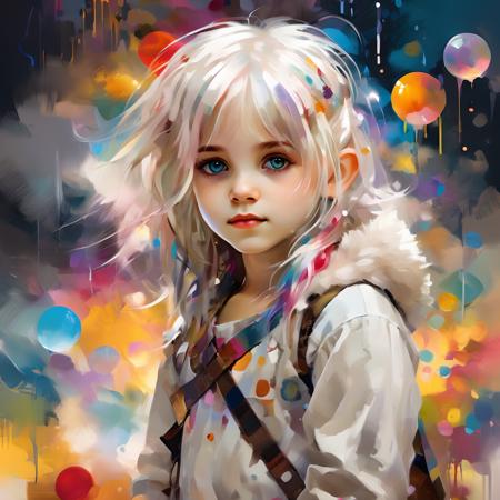 a cute little girl,child,white hair,((colorful hair)),((streaked hair)),
beautiful detailed eyes,(Gradient color eyes),(((colorful eyes))),
(((colorful background))),(((high saturation))),(((surrounded by colorful splashes))),(((surrounded by colorful dot))),colorful bubble,((shining)),
oil and watercolor painting,<lora:oil_and_watercolor_painting:0.8>,