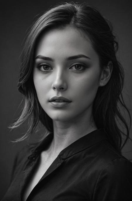 1girl, beautiful, smooth skin, greyscale, noir, black clothes, portrait