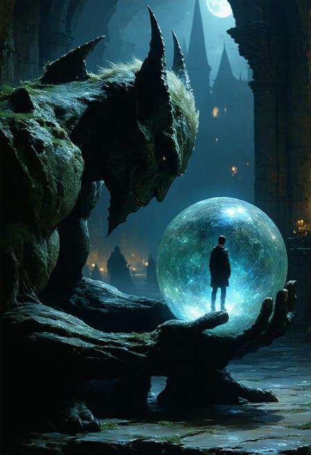 Painterly dark fantasy illustration, style of Brom and Zdzisław Beksiński. Medium close-up: Ancient stone gargoyle, hunched posture, gazes intently into a luminous crystal orb glowing with cool white light. Within the orb, a sharp, miniature vision: an unaware human on a mundane street. Dramatic moonlight casts stark highlights on weathered, moss-flecked stone, contrasting deep abyssal shadows. Visible, textured brushstrokes. Swirling nocturnal mist obscures the distant city. Atmosphere of intense concentration, arcane observation, eerie stillness.