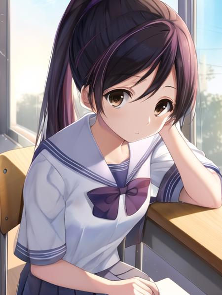 best quality, masterpiece, highres, detailed, perfect anatomy,  <lora:Detail - add_detail:0.2>, brown eyes, long hair, black hair, ponytail, tokineyukimura, student uniform, school, indoors, sitting studying, violet color scheme,  <lora:Character - Tokine:0.8>