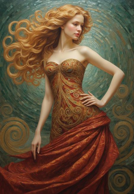 The majestic figure of a woman with flowing golden hair, its form is emphasized by elegant and twisted curves.She features an ornate dress with a rich texture, filled with geometric and organic patterns of deep red, gold and green.The background is an abstract mosaic of spirals and shimmering shapes that complement her elegant pose.The oil painting scene unites complex details and decorative artistry without focusing on a particular person or famous person, evoking a sense of timeless beauty and harmony reminiscent of Klimt's style. Portrait full body, a painting of a very beautiful young woman Charming pencil sketches by Albert Eckhout, in full color In this fascinating acrylic painting you can see a charming woman. The dress is very elegant and very well made. This stunning image captures the viewer's attention with its vibrant tones and dreamlike atmosphere. The expertly crafted brush strokes and intricate details show the artist's skill, making the image truly captivating. Through vivid colors and meticulous execution, the painting showcases the artist's ability to create a stunning and visually striking depiction.
