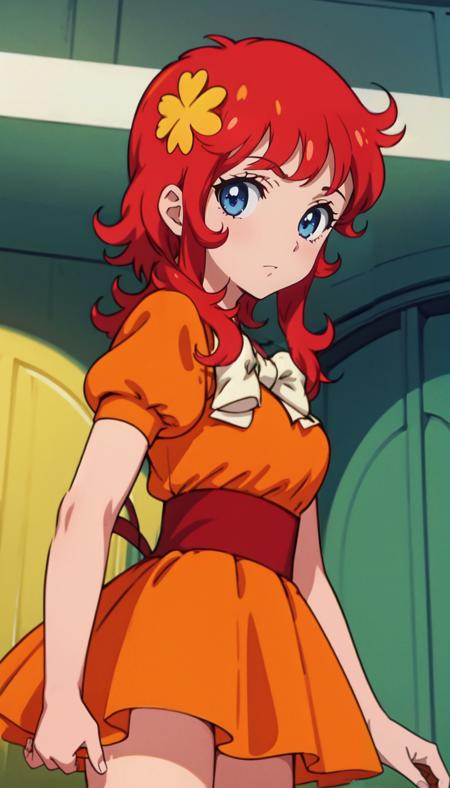 (straight-on:1.1),upper body,BREAK
ANIME_kanzaki_megu_ownwaifu,www.ownwaifu.com,
long hair,red hair,flower,hair flower,breasts,aqua eyes, 
hair ornament, dress,skirt,orange dress,orange skirt,bow,jewelry,orange shirt,puffy sleeves,puffy short sleeves,short sleeves,red ribbon, white bow, short dress, 
(retro artstyle,1970s_(style)),  
<lora:ANIME_kanzaki_megu_ownwaifu:0.7>, BREAK, 1girl, solo, looking at viewer, upper body, official art, highres, scenery, (masterpiece:1.1), (best quality,:1.1), (high quality:1.1), (anime screencap:1.2),