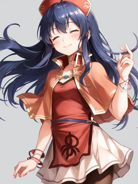 <lora:Lilina_FE-10:1>, lilina fe, 1girl, solo, blush, smile, skirt, simple background, hat, dress, holding, jewelry, closed mouth, closed eyes, pantyhose, bracelet, book, capelet