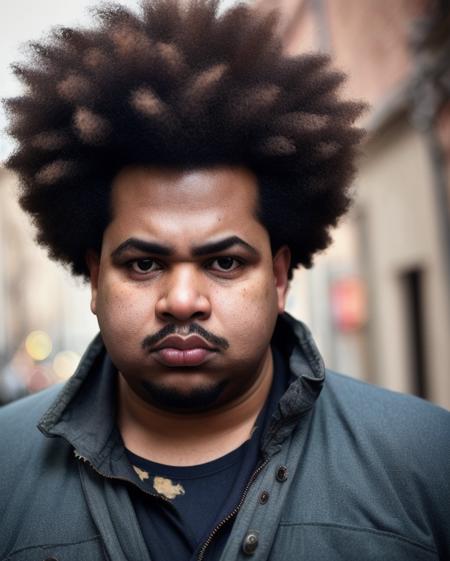 raw photo of, male, 27 years old, male, black skin, frontal view, upper body part, shoulders, afro hair, fine nose, black hair, clear eyes, unpleasant expression, fat, obese, asymmetric face, dirty clothes, gangster, criminal, dark dark street background, subsurface, Photorealistic, Hyperrealistic, Hidden, analog style, Detailed picture, Blur picture, Soft lighting, Subsurface, realistic, heavy shadow, masterpiece, best quality, ultra realistic, 8k, gold proportion, Intrigued, high detail, film photography, soft focus