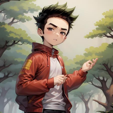 ((masterpiece, best quality)),solo,1boy,upper body,  jake long, black hair, red jacket, thick eyebrows, spiked hair, shorts ,<lora:JakeLong3:0.6>, forest,