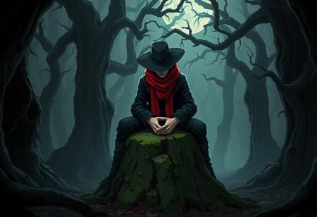 A detailed dark fantasy illustration of a 'chad' figure in solitude within a menacing forest. The 'chad' sits on a moss-covered stump, clad in a dark, textured jacket, pants, and hat, with a striking red scarf providing the only burst of color. Hands are clasped in front. The forest is a realm of twisted, dark trees and deep shadow, with a floor of decaying leaves. The perspective is a low angle, emphasizing the figure's presence against the oppressive backdrop, their face hidden in shadow or averted. The style features Sharp Lines and Brush Strokes, Stunning Colors (muted, harmonious palette), Beautiful Matte Painting techniques, Creative Angle, Captivating Lighting (perhaps moonlight or eerie glow), Grammer Effect Style, Splash Ink Illustration influence for texture, CGSociety, Artstation Trending on ArtstationHQ, Golden Ratio, Vivid Emotions, Joyful Impact, Powerful Message, Isometric (applied to structural elements of the forest), Dynamic Action Pose (interpreted as dynamic composition).