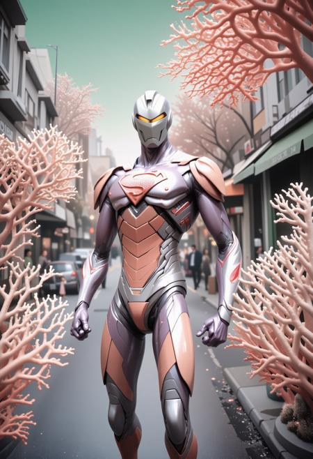 artistic Painting, crowded street with Willow tree, badge, Street level shot of a Ravishing Irritated Mauve, Sage Green and Cream (coral style,score_9, score_8_up, score_7_up, score_6_up, ultraman superman, made entirely of coral:1.3) with copper gala dress with a round neck neckline, Annoyed field in background, at Dawn, tilt shift, Vivid, Horror, Techwear, Black lighting, F/2.8, Instax, MOBA style, dark orange palette, Unsplash, unreal engine, (by Rachel Morrison:1.0) , (Fatih Akin:0.8)