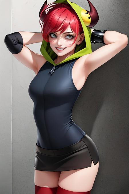 demencia yellow eyes striped vest sleeveless hood horns thighhighs fingerless gloves jewelry bracelet spikes