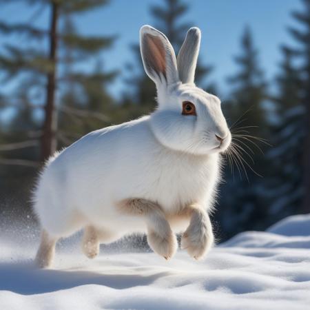very realistic photograph close-up of a white snowshoe hare running in the snow, forest background of pine, fir and white spruce and birch, blue sky with cirrus cloud and slightly hidden sun