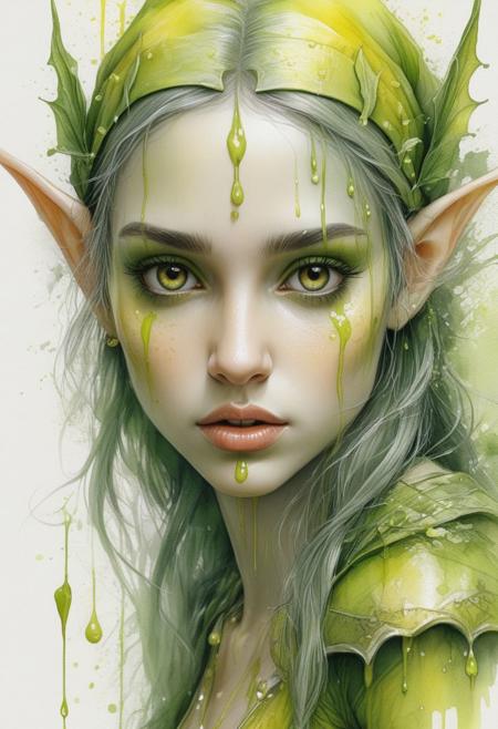 beautiful elf girl, sketch, image, hd grunge painting, hyper-realism, many small details, surrealism, careful drawing of details, drawing in fine ink, green yellow watercolor  drawing of details, hyperdetalization, elegant, octane, D&G style, horror, digital realistic photo portrait, lots of details, design, high resolution, paint drips
