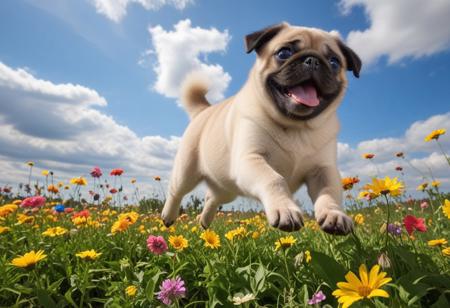 Highly detailed photograph of a pug puppy leaping through the air above a field of colorful flowers. Side view. Floppy ears, big eyes, very cute, very happy, joyful. Blue sky with fluffy clouds. Bright sun, god rays.