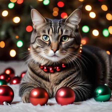 photography very realist cat playing with lots of Christmas lights and Christmas balls around him, Christmas decor background