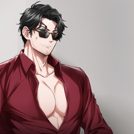 masterpiece, high quality, masculine male, muscular male, amayado rei, heterochromia, black hair, large pectorals, male pectoral cleavage, red collared shirt, jacket, fedora, sunglasses