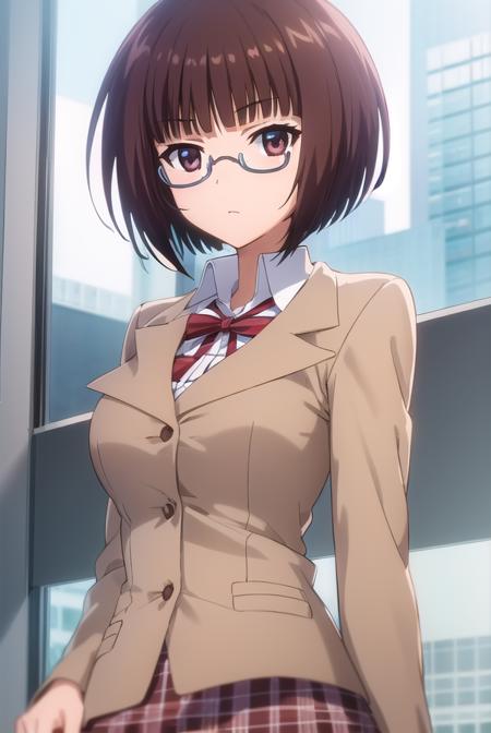 lunaminase, <lora:luna minase s2-lora-nochekaiser:1>,
luna minase, short hair, brown hair, (brown eyes:1.5), glasses, bob cut, under-rim eyewear,
BREAK skirt, school uniform, plaid, plaid skirt, shirt, white shirt, collared shirt, jacket, long sleeves, black jacket,
BREAK indoors, classroom,
BREAK looking at viewer, (cowboy shot:1.5),
BREAK <lyco:GoodHands-beta2:1>, (masterpiece:1.2), best quality, high resolution, unity 8k wallpaper, (illustration:0.8), (beautiful detailed eyes:1.6), extremely detailed face, perfect lighting, extremely detailed CG, (perfect hands, perfect anatomy),