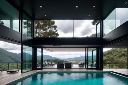 black modern villa into the montain, on the edge of a cliff surrounded by waterfalls, cloudy weather, intricated architecture, view from outside, 
(masterpiece),(high quality), best quality, real,(realistic), super detailed, (full detail),(4k),8k,pool, window, no humans, scenery, indoors,<lora:å·è°_Cool tones:1.0>