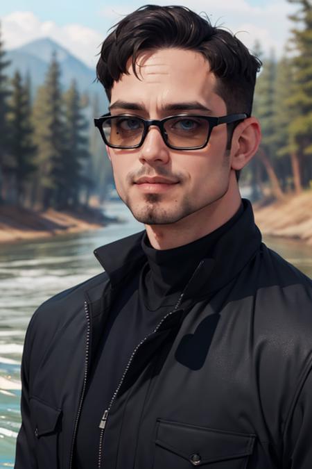 Deanmccoppin,  1guy,  black turtleneck,  black jacket,  , sunglasses,  facial  hair,  best quality:1.2),  smirk,  masterpiece,  highness,  perfect face,  perfect picture,  detailed eyes,  sharp focus,  at the river, <lora:EMS-50964-EMS:1.000000>