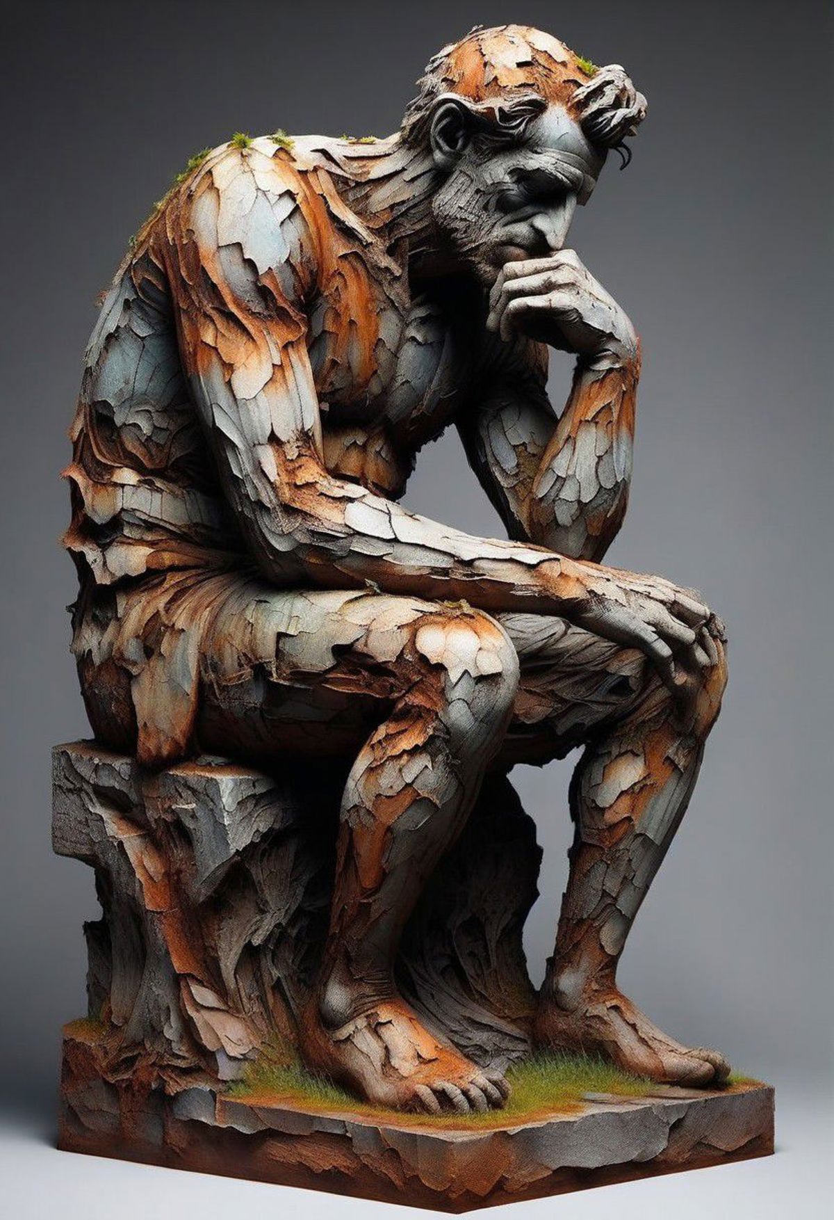 A statue of a man sitting on a tree stump and thinking.