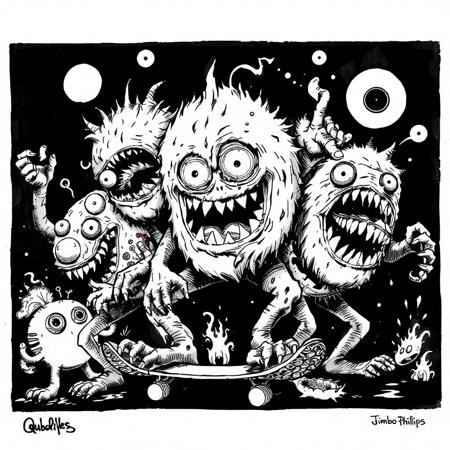Black and white sharpie illustration of wobbly skater monsters collage in the style of Jimbo Phillips