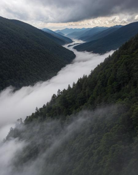 dense forest, mountains above clouds, rain, view from high height,, 18 mm lens, f/2, sharp focus, great image detail, cinematic lighting, ray tracing, ssao, HDR,
