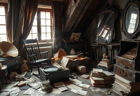 Captured with a Canon EOS R5, the scene features soft ambient light diffused through dusty attic windows. An old rocking chair sits among scattered relics—faded postcards, crumpled letters, and stacks of forgotten books.
A torn velvet curtain sways with the breeze, filtering light into the space. The air is thick with the scent of aged wood and musty paper. A phonograph stands in the corner, its needle poised above an untouched record, waiting to play a tune from another time. A chipped porcelain teacup sits abandoned on a nearby table, beside a dried-out fountain pen. An open trunk spills its contents—delicate lace dresses, yellowed photographs, and a pocket watch frozen at an uncertain moment in time. Dust motes swirl in the slanted rays of light, carrying echoes of the past.
The floorboards creak under the weight of time, each groan a reminder of stories long forgotten. A stack of old telegrams, brittle with age, rests near an antique typewriter, the last letter still waiting to be completed. A wooden chest, its brass hinges tarnished, is partially open, revealing bundles of handwritten notes tied together with fraying ribbon. An ornate mirror, its edges dulled with age, leans against the far wall, reflecting the attic’s quiet decay. An empty birdcage sits atop a rickety stand, its door slightly ajar, as if the occupant had long since taken flight.
