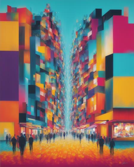 A vibrant abstract artwork inspired by the energy of a bustling city, award winning, eye catching.