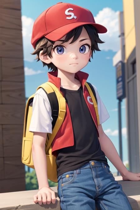 1 boy,more details in eyes,cute,looking at viewer, adorabel boy,cute face,details sky,handsome,young,juvenile,((masterpiece:1.4,best quality)),multiple details,colorful hair,eyeshadow,sfw,   <lora:RedLora:0.4>, (red \(pokemon\):0.6),
black shirt, red vest, red hat, jeans,yellow backpack