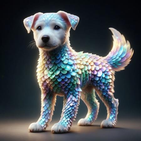 p1nk1r1sc4l3s, a puppy made out of iridescent scales, masterpiece, best quality, highly detailed, sharp focus, dynamic lighting